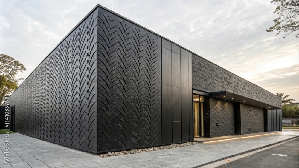 Poster contemporary architecture featuring a sleek black building with a textured chevron patterned facade,
