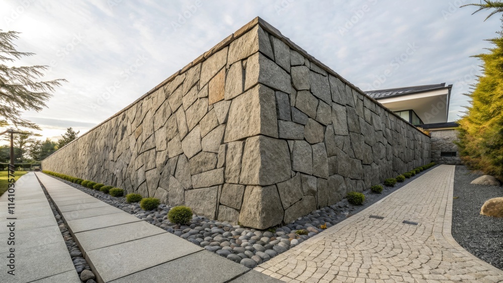 Aufkleber modern house featuring a stylish stone wall fence, complemented by paved walkways and lush landscapi
