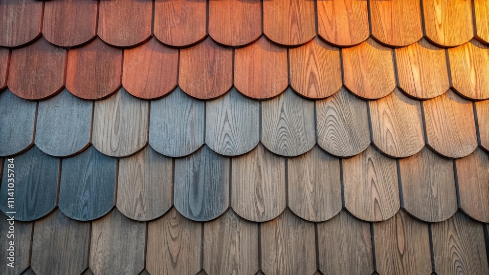 Poster sunlight illuminates wooden roof tiles, creating a gradient effect from warm orange at the top to co