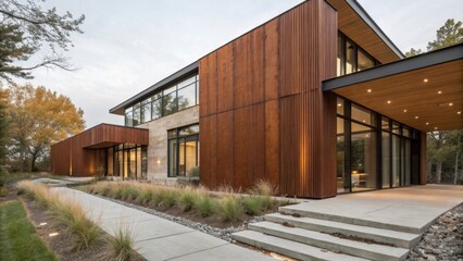 Obraz premium Concrete pathway leading to a contemporary luxury home featuring a striking combination of wood and stone exterior. Illuminated warmly at dusk. Showcasing modern architectural design and landscaping