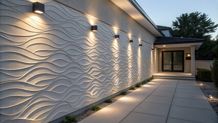 Modern house exterior featuring a wavy textured wall, stylish lighting fixtures, and lush landscaping, creating an elegant ambiance at dusk with a welcoming pathway