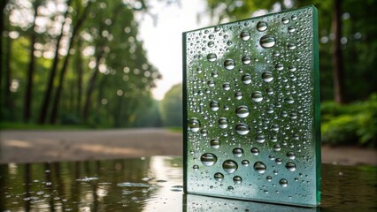 Water droplets clinging to a glass panel create an abstract pattern, reflecting the blurred greenery of a tranquil park setting with a path in the background