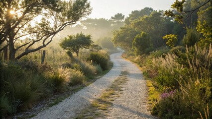 Golden sunlight filters through the trees, illuminating a picturesque gravel road that meanders through a vibrant green landscape, creating a serene and inviting scene at the break of dawn
