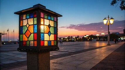 Vibrant stained glass lamp casts a warm glow on a city square as the sun sets, painting the sky in...