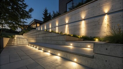 Contemporary landscape design featuring a concrete retaining wall with integrated lighting, illuminating steps leading up to a modern house at dusk, creating a warm and inviting ambiance