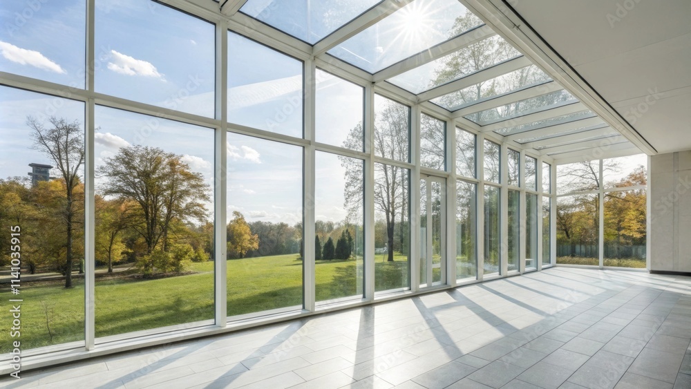 Aufkleber Sunlight is streaming through the glass roof and large windows of a modern architecture corridor overlooking a green park with autumn trees and creating shadows on the tiled floor