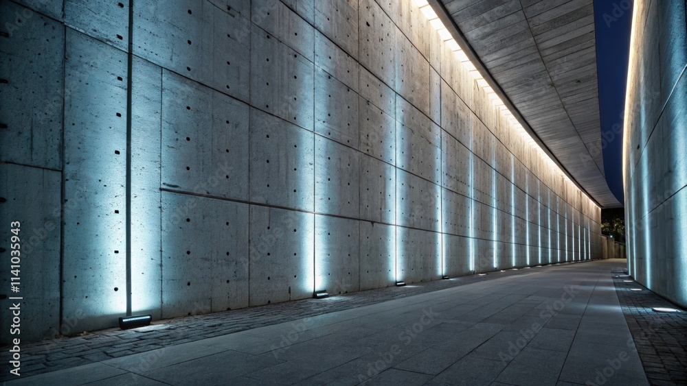 Poster Empty concrete corridor featuring modern architecture, illuminated by blue lighting at night, creating a strikingly futuristic atmosphere with clean lines and geometric design