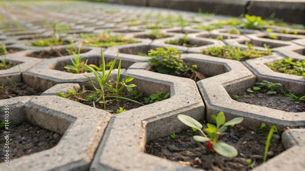 Aufkleber close up view of grass and weeds growing through the cracks of concrete hexagonal pavers, symbolizin