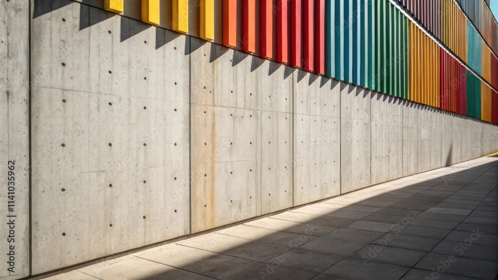 Poster sunlight illuminates a concrete wall with regularly spaced holes, casting shadows from the vibrant, 