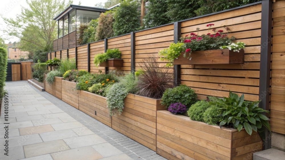 Aufkleber long wooden planters bordering a paved pathway create a visually appealing and functional garden spa