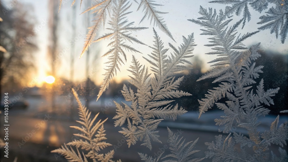 Poster Beautiful frost is covering a window at sunrise, creating stunning and intricate patterns resembling fern leaves, adding a touch of winter magic to the scene