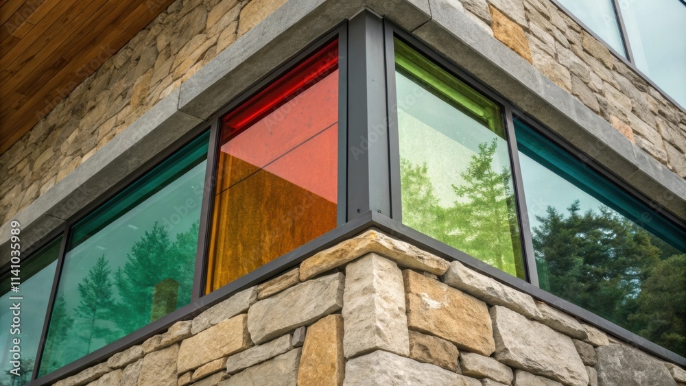 Aufkleber Colorful glass windows reflecting trees add a touch of modern design to a building's stone exterior, creating an interesting contrast between nature and architecture