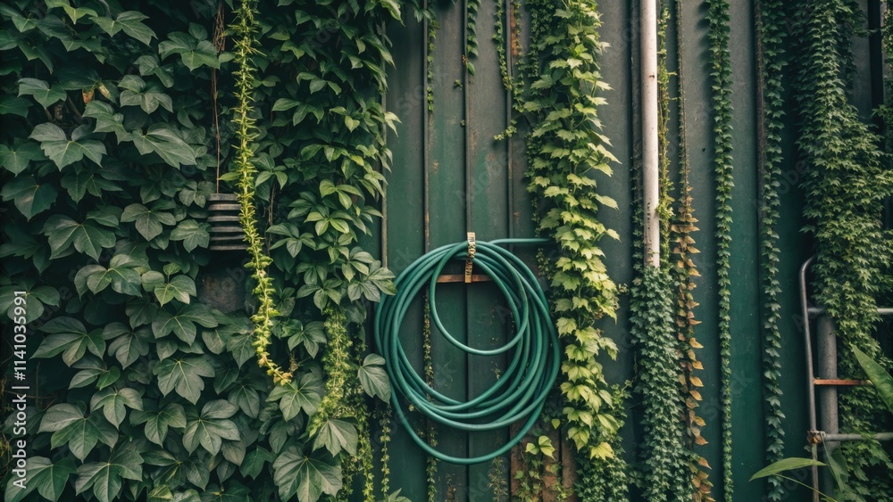 Poster green garden hose hanging on a weathered wall, completely covered in lush, vibrant ivy, creating a h