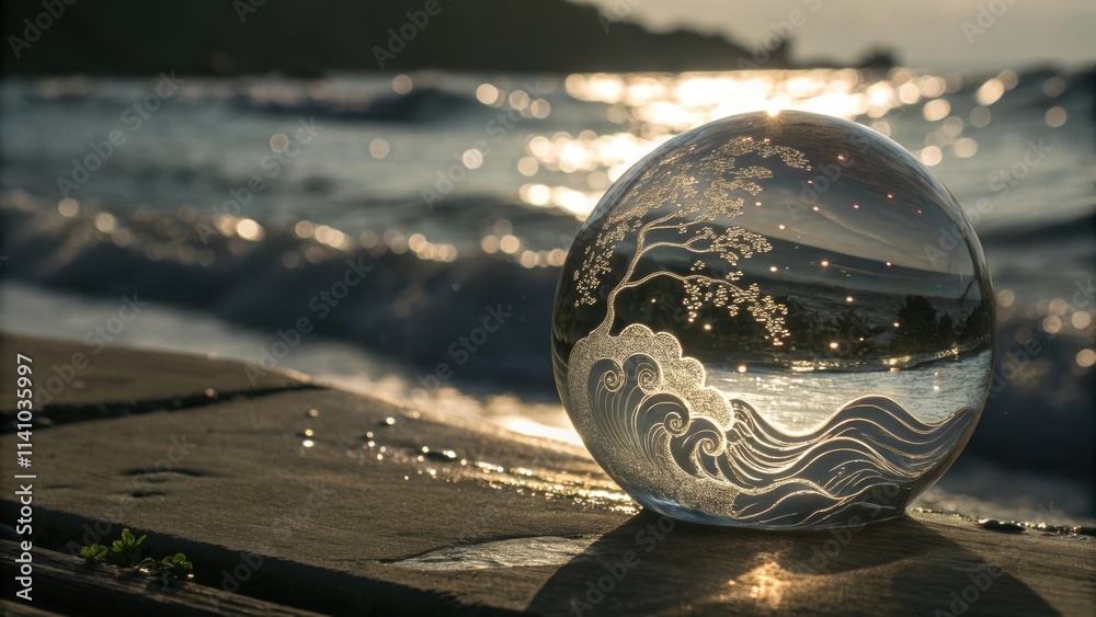 Poster crystal ball with an etched design of a tree and ocean waves rests on a wooden surface, reflecting t