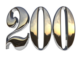 Isolated Number 200 or Two Hundred in Metallic Gold Color on white background, 3D Render Illustration.