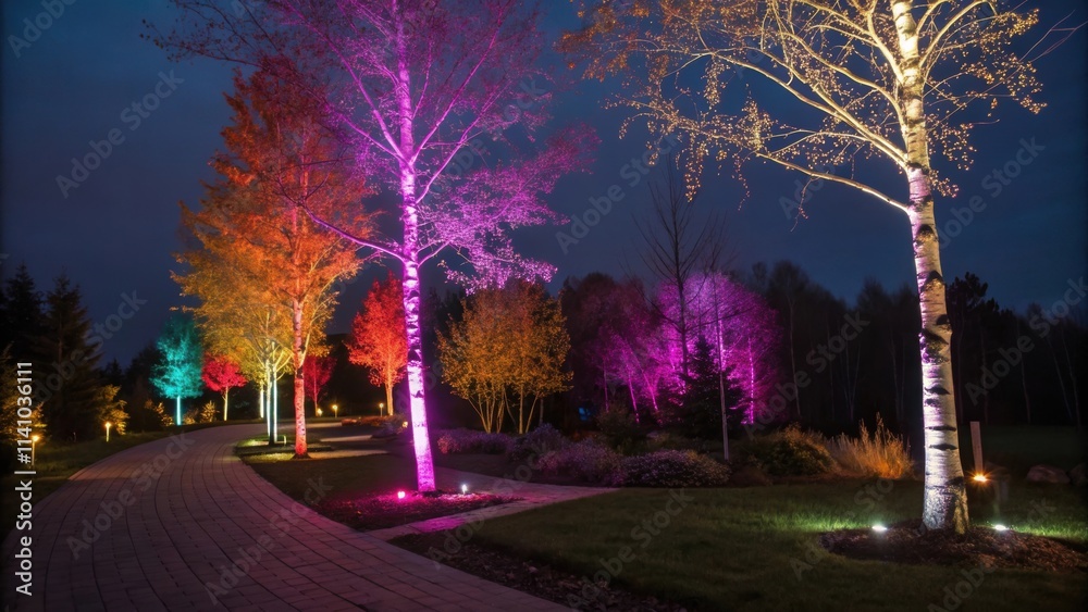 Poster Multicolored uplighting creates a vibrant and magical atmosphere along a paved pathway in a park, illuminating the trees in various hues at night