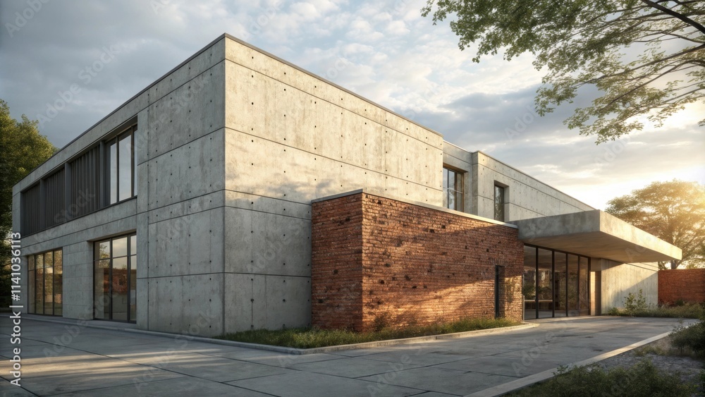 Poster modern concrete and brick building with large windows basking in the warm glow of the setting sun, e