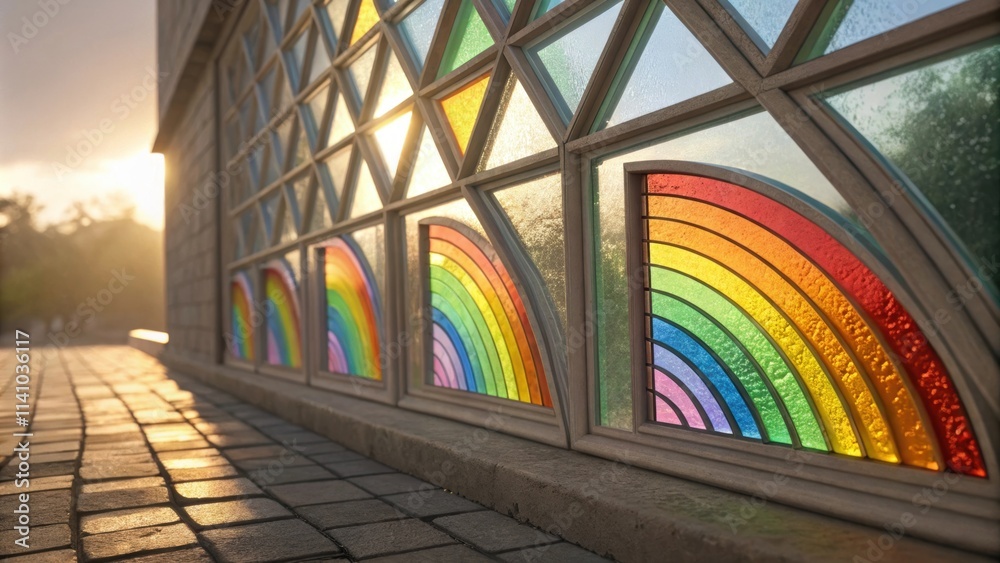 Poster colorful stained glass window featuring rainbows, illuminated by the warm glow of the setting sun, c