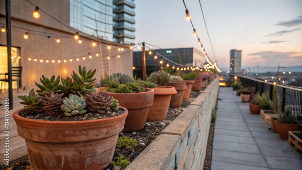 Poster Terracotta pots with various succulents decorating a rooftop garden at sunset, illuminated by string lights, creating a cozy and inviting atmosphere