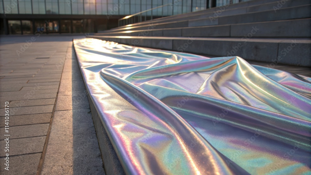 Poster iridescent futuristic fabric flowing gracefully near a modern building at sunset, creating a captiva