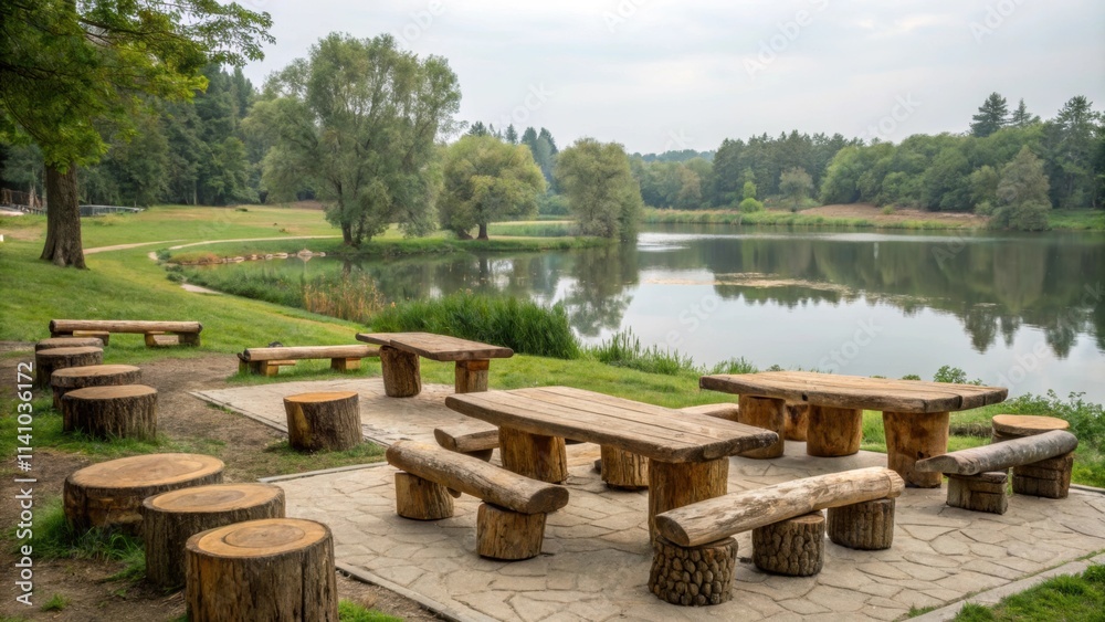 Aufkleber Rustic wooden picnic tables and benches invite visitors to relax and enjoy the tranquil view of a calm lake surrounded by lush greenery in a peaceful park setting