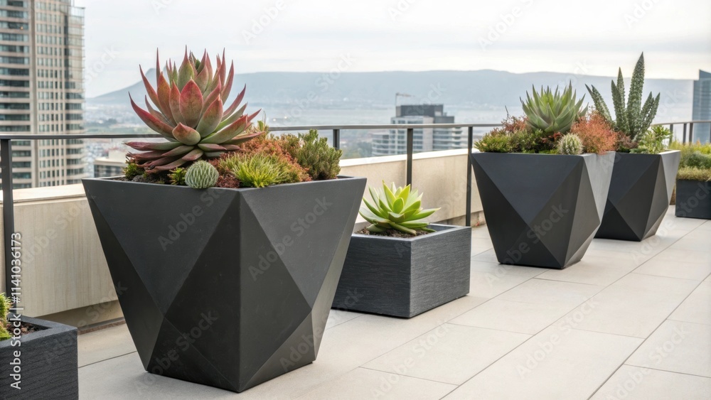 Poster large geometric planters filled with succulents and cacti create a relaxing oasis on a rooftop terra