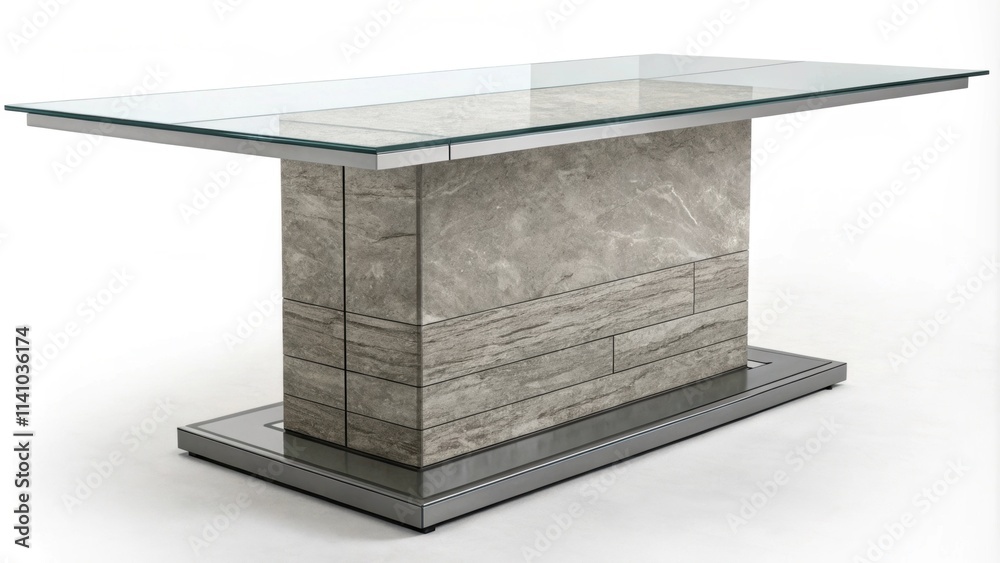 Poster studio shot featuring a modern dining table with a clear glass top and a textured stone base, presen