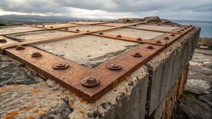 Rusty metal grid reinforcing a stone surface under a cloudy sky, showing signs of weathering and age, possibly part of a historical or architectural structure