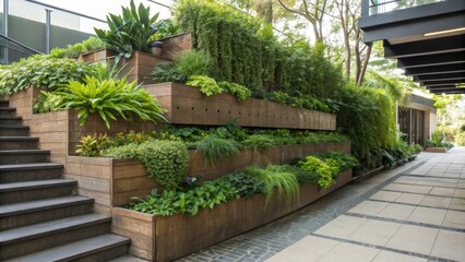 Lush green plants growing in a tiered vertical garden system, adding natural beauty and enhancing the exterior of a modern building with sustainable landscaping