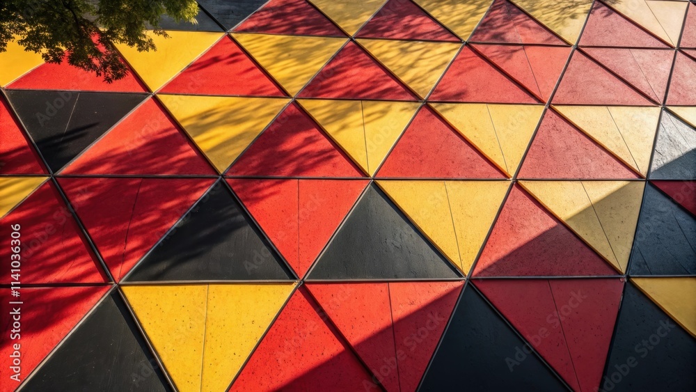 Aufkleber Sunlight illuminates a vibrant geometric design composed of red, yellow, and black triangles, creating an eye catching pattern with the shadows of tree branches adding depth and contrast