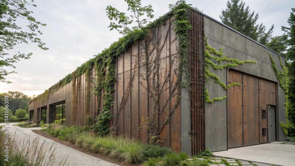 Poster lush greenery climbs the walls of a modern, eco friendly building, creating a harmonious blend of na