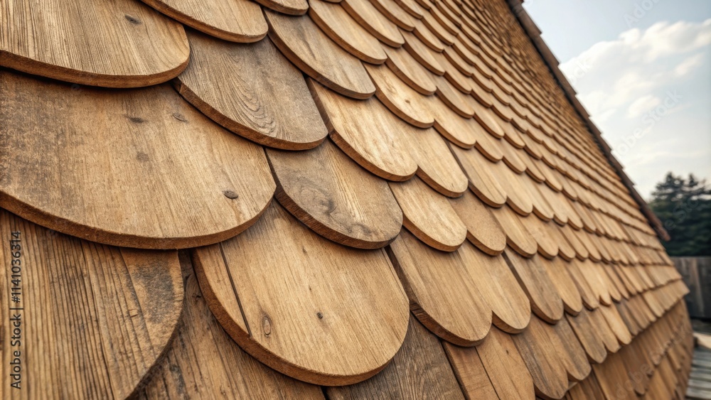 Aufkleber Close up of a sloped roof featuring overlapping semicircular wooden shingles, highlighting craftsmanship and creating a textured pattern against a blue sky with clouds