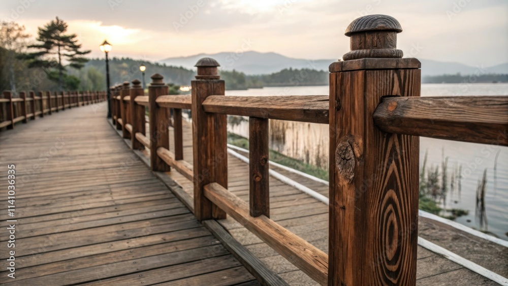 Poster Wooden walkway with a railing extending into the sunset over a tranquil lake, creating a serene and inviting landscape perfect for relaxation and exploration in nature