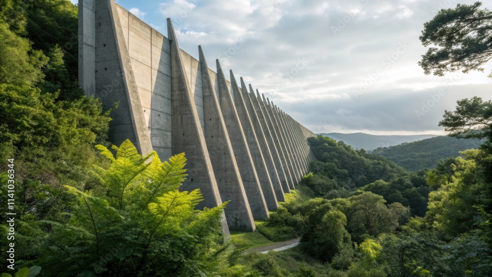 Poster concrete dam with triangular buttresses standing tall amidst a vibrant green forest, showcasing a ha