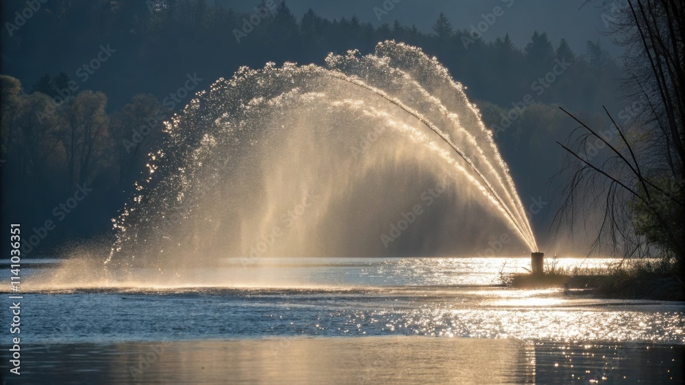 Poster two streams of water spraying from a fountain into a tranquil lake, creating a stunning backlit scen