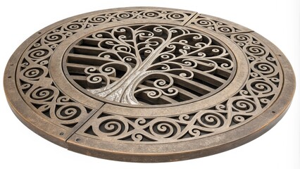 Fototapeta premium Round metal tree grate with a prominent tree design in the center, surrounded by intricate scrollwork and decorative elements, creating a visually appealing and functional piece for outdoor spaces
