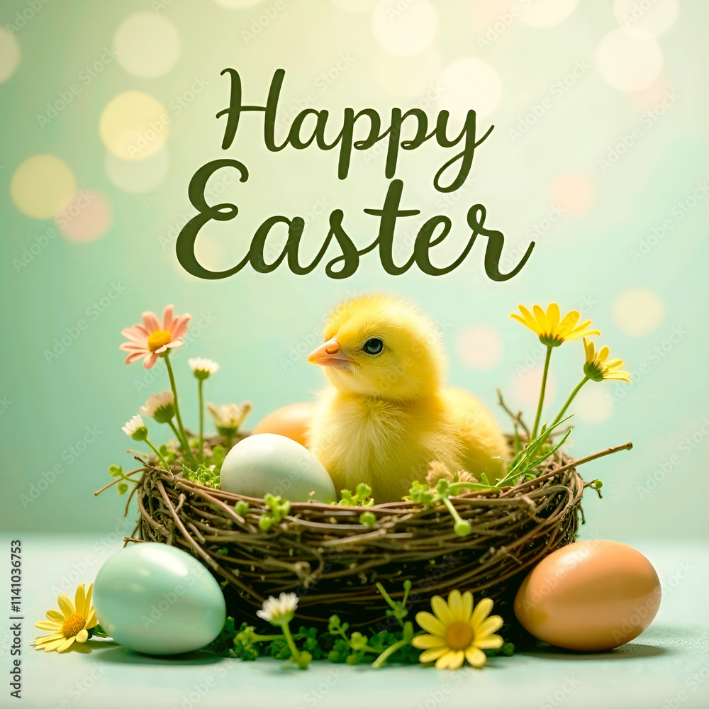 Wall mural little yellow chick in a bird nest with eggs on a happy easter background with bokeh. square composi