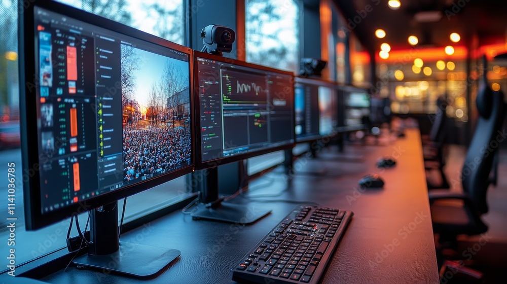 Poster security office setup with multiple monitors displaying live surveillance feeds