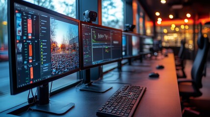 Fototapeta premium Security office setup with multiple monitors displaying live surveillance feeds