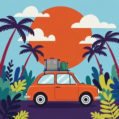 Retro car with luggage on roof. Tropical sunset beach surfing vintage greeting card template, poster, sticker
