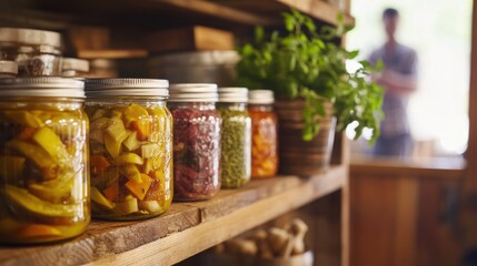 Colorful jars of preserved vegetables on a rustic wooden shelf