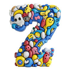 Obraz premium A blue 3D number two formed by various colourful, 3D doodle shapes and characters.