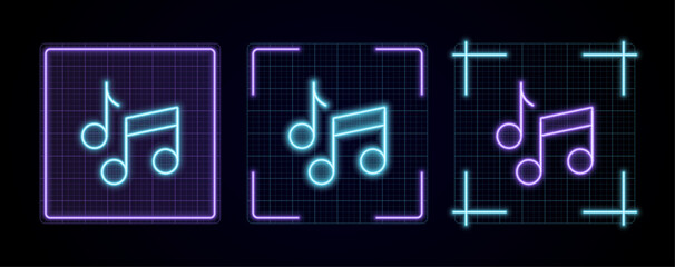 Music notes icon illustration, cyber neon visual, glowing border grid vector.