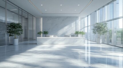Fototapeta premium Modern Office Lobby: Sunlit Elegance and Minimalist Design