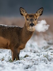 Obraz premium Roe deer breathing fog in snowy field nature scene winter landscape close-up