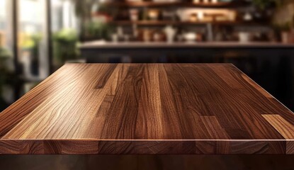 Empty dark wood table top in blurred cafe background.