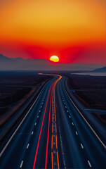 Obraz premium A stunning vibrant sunset illuminates a long, open highway stretching into the horizon, with warm red and orange hues.