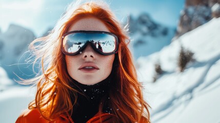 Adventurous skier with striking red hair in snowy mountain landscape