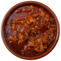 Appetizing beef tripe served with sauce in bowl. Isolated over white background