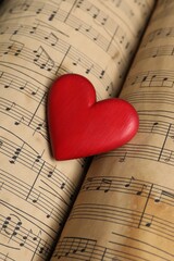 Heart figure on musical note sheets, closeup